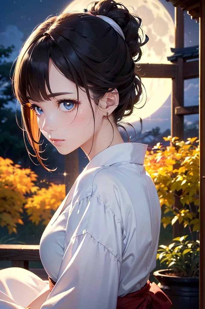 (Official art、Best Quality、Unity 8k Wallpapers、32K、masterpiece、ultra-detailliert、超A high resolution、Oil painting style:1.2)、A slender、Medium bust、(Full body:1.2)、(sideshot、Looking away:1.2)、Highly detailed background、Realistic pupils、Sharp pupils、blurry backround、Beautiful girl in yukata、(very detailed face and eyes、beauitful face、super detailed skin、detailed skin textures:1.3)、Japan garden、cowboy shot、Sit on the porch、moonlights、One full moon in the sky、Moon、dumpling、Autumn landscape、