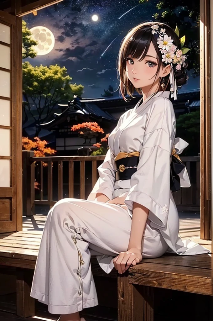 (Official art、Best Quality、Unity 8k Wallpapers、32K、masterpiece、ultra-detailliert、超A high resolution、Oil painting style:1.2)、A slender、Medium bust、(Full body:1.2)、(sideshot、Looking away:1.2)、Highly detailed background、Realistic pupils、Sharp pupils、blurry backround、Beautiful girl in yukata、(very detailed face and eyes、beauitful face、super detailed skin、detailed skin textures:1.3)、Japan garden、cowboy shot、Sit on the porch、moonlights、One full moon in the sky、Moon、dumpling、Autumn landscape、