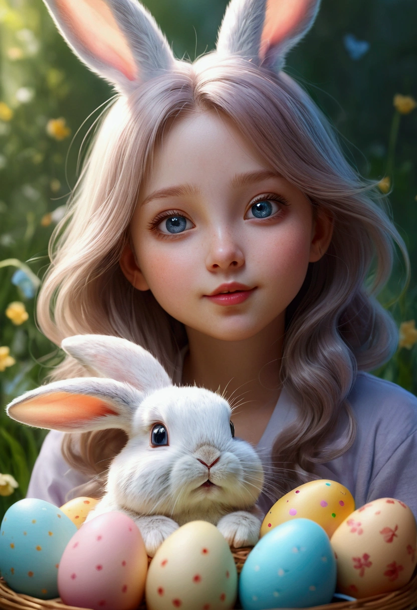 Beautiful little rabbit with dreamy eyes, Volumetric Light, Ultra-realistic, Intricate details, shape, Painting, watercolor, Cute Chibi, Eating Easter eggs, ah!, Shallow depth of field, Pastel Color Palette, Soft lighting, minimum, Modern, Digital Painting, Lois van Baerle、Ross Tran、Art by artgerm, Artstation HQのトレンド, Very detailed，Sleep，Are sleeping
