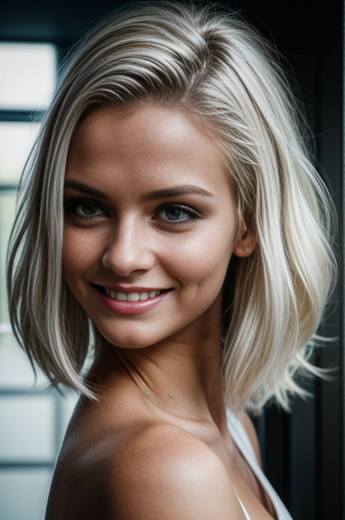 cinematic photo breathtaking (masterpiece, best quality) , (highres:1.2), 20 year old swedish girl, smiling, in the gym, (photorealistic:1.2) , (film grain:1.3) , (morbid light:1.2) , (dynamic angle) , raw photo, goddess, (((white hair))), pic from behind, looking at the camera, perfecteyes, long white curly hair, ultra-detailed masterpiece, sexy smile, detailed skin, realistic, (perfect eyes), photo-realistic, 8k sharp focus, highly detailed, full length frame, High detail RAW color art, piercing, diffused soft lighting, shallow depth of field, sharp focus, hyperrealism, cinematic lighting
