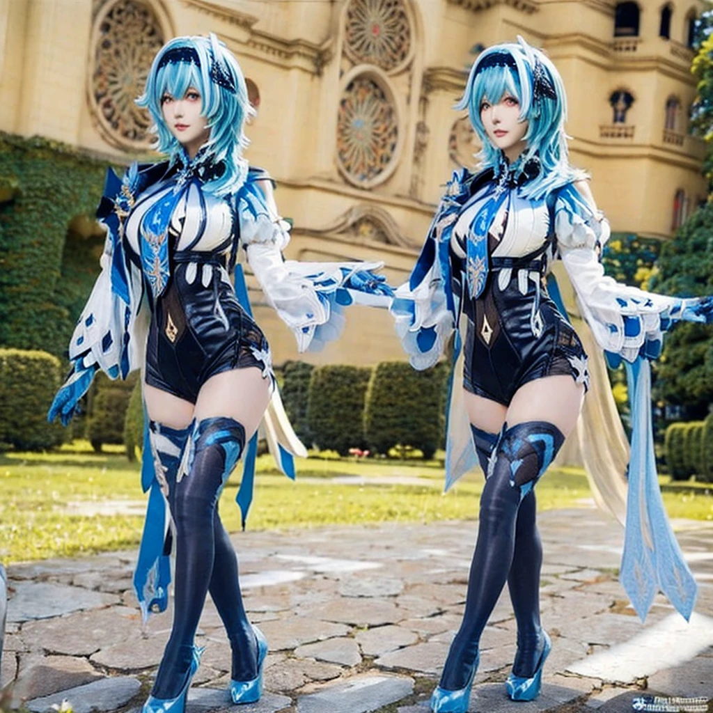 (((best quality, masterpiece, good anatomy))), eula_in_genshin, cowboy shot, 1girl, blue medium hair, black hairband,a leotard with a white top and black bottom, white long sleeves, blue necktie, jewelry on the shoulder, black thighhighs, high heels, full body, ((standing naturally)), outdoors, castle, streets, green plants, flowers,