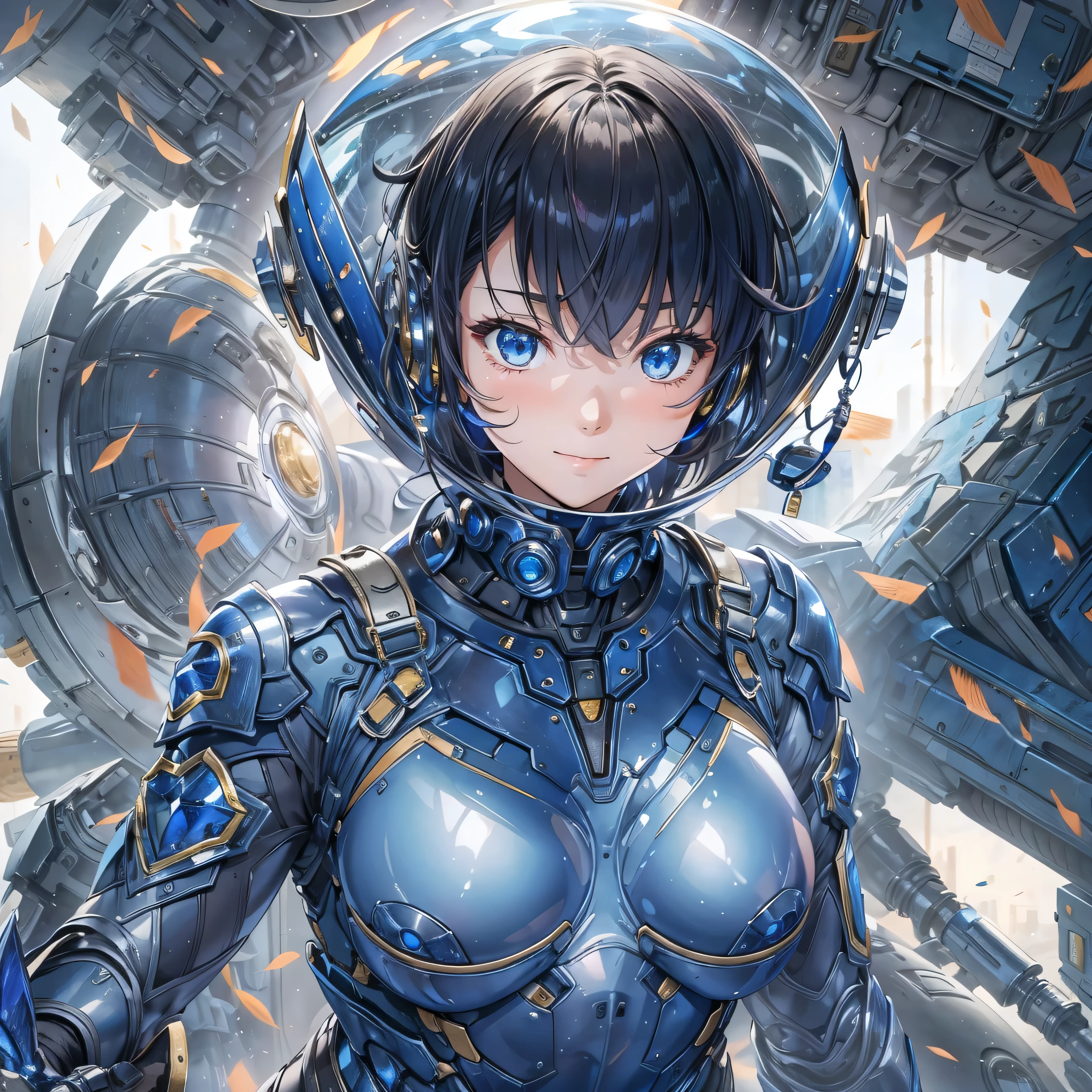 (masterpiece、Highest quality、Highest Resolution、Clear_image、Detailed details、Angle from above): (Whole body、One 20 year old girl、Japanese Faces、Small Face、Slender、Navy blue super short bob cut hair、(Hidden small breasts:1.3)、Sparkling blue eyes、Shiny pilot suit in blue and black colors、Chest protection armor、Tight fitting clothes、Clothing that covers the whole body、Glamorous clothes、Tight Fit Pants、Hide your skin、Very delicate and beautiful、Detailed Skin、hide thighs、Hide your ass、Cute、A gentle smile、Soft expression、heroine、headset、Knee-high boots、Elbow-length gloves、Eye Level Shot、Face directly、Woman on a spaceship)