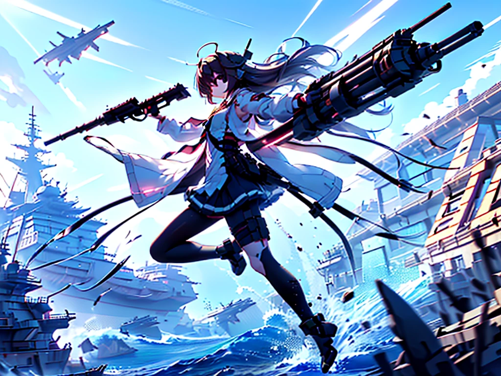 (((masterpiece, Vision))), ((((Full body of a woman with perfect flat chest、1 Female、solo、Short unkempt black hair、Tie your messy hair at the nape of your neck、white military jacket、Miko costume、black tights、Black glasses are black、White military cap、Cloudy black eyes、Confused eyes、Junyo-inspired emblem、Ship-style boots)))), (((Shipgirl))), ((Floating on the morning sea with both feet)), (Standing with your legs apart)), Aim, (Hold the shotgun turret grip with your right hand), (Four mechanical tentacles covered in white armor extend from its back.), (Holding a shotgun with metal tentacles), (Equipped with a bridge on the back), (His left arm holds the grip of a triple-barreled shotgun),
