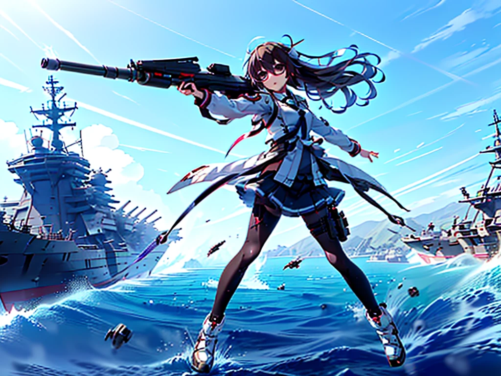 (((masterpiece, Vision))), ((((Full body of a woman with perfect flat chest、1 Female、solo、Short unkempt black hair、Tie your messy hair at the nape of your neck、white military jacket、Miko costume、black tights、Black glasses are black、White military cap、Cloudy black eyes、Confused eyes、Junyo-inspired emblem、Ship-style boots)))), (((Shipgirl))), ((Floating on the morning sea with both feet)), (Standing with your legs apart)), Aim, (Hold the shotgun turret grip with your right hand), (Four mechanical tentacles covered in white armor extend from its back.), (Holding a shotgun with metal tentacles), (Equipped with a bridge on the back), (His left arm holds the grip of a triple-barreled shotgun),