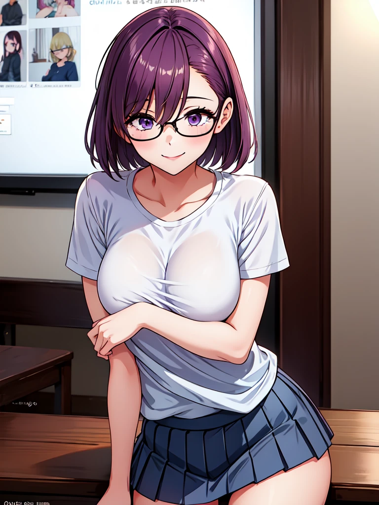 1girl, cowboy shot,porn, smile, glasses, 
nitengojigen_ririsa, purple eyes, purple hair, short hair, bangs, lace underwear, short sleeves, Show your breasts,sex, pleated skirt, best quality, masterpiece, highres, sleep position,