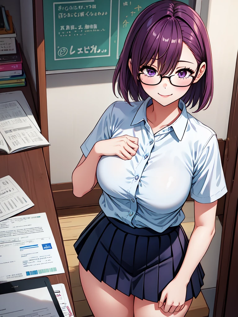 1girl, cowboy shot,porn, smile, glasses,
nitengojigen_ririsa, purple eyes, purple hair, short hair, bangs, lace underwear, short sleeves, Show your breasts,sex, pleated skirt, best quality, masterpiece, highres, sleep position,
