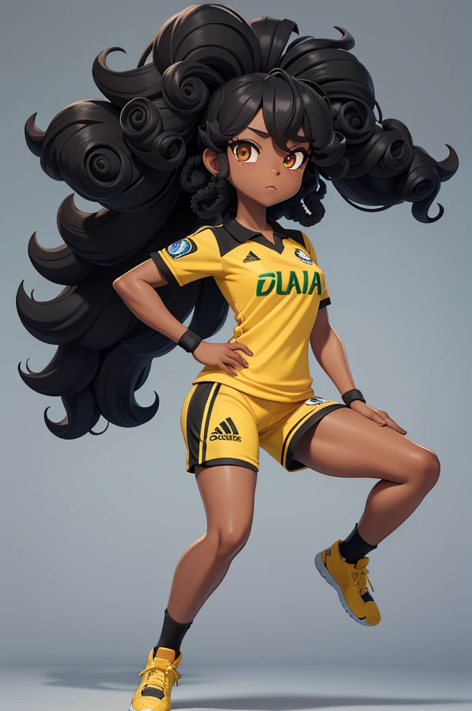 create a full body character for me, feminine, black, , with curly hair , wearing normal clothes and a Brazilian team shirt, Yellow, with a white background behind