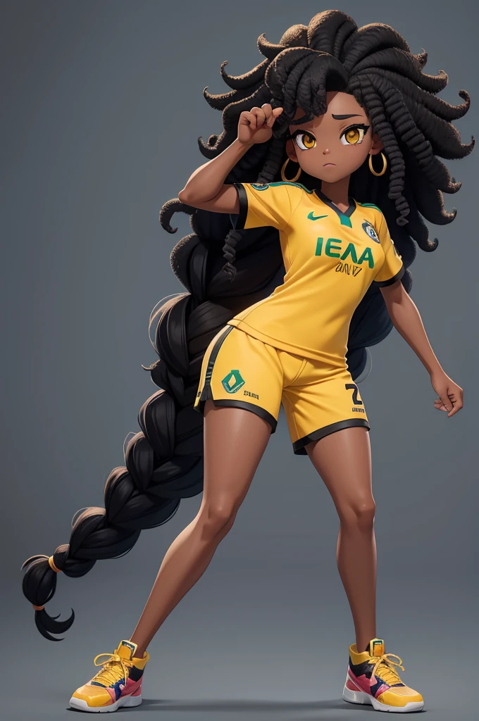 create a full body character for me, feminine, black, , with curly hair , wearing normal clothes and a Brazilian team shirt, Yellow, with a white background behind
