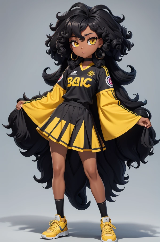 create a full body character for me, feminine, black, , with curly hair , wearing normal clothes and a Brazilian team shirt, Yellow, with a white background behind