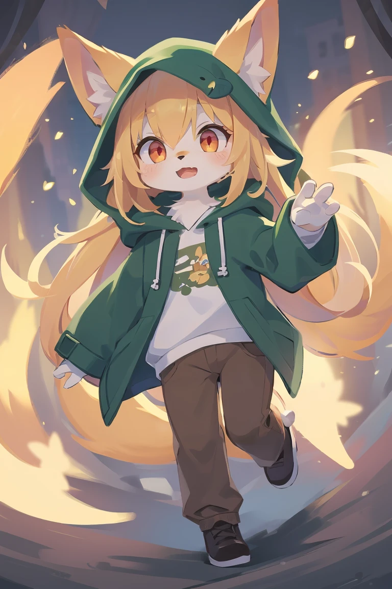 flat color, shota the fox, , was hairy, shaggy, skin fur, smooth lashes, golden fur, forelimb hands, straight long blonde hair, solid circle eyes, golden ears, golden fur, golden facial fur, shiny hair, red eyes, super cute face, 1fox tail, fluffy tail, furry tail, glowing eyes, green coat green hood down, brown trousers, open mouth, full body, ambient light, ultra-fine fur, dashed eyes, masterpiece, high quality, high-details, best quality, (solo)