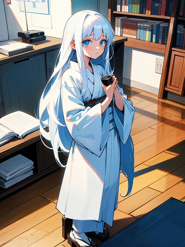 , , long white hair, wearing white kimono, blue colored eyes, holding a cup, is in an 80s style office, books around, wood floor, Grieving.