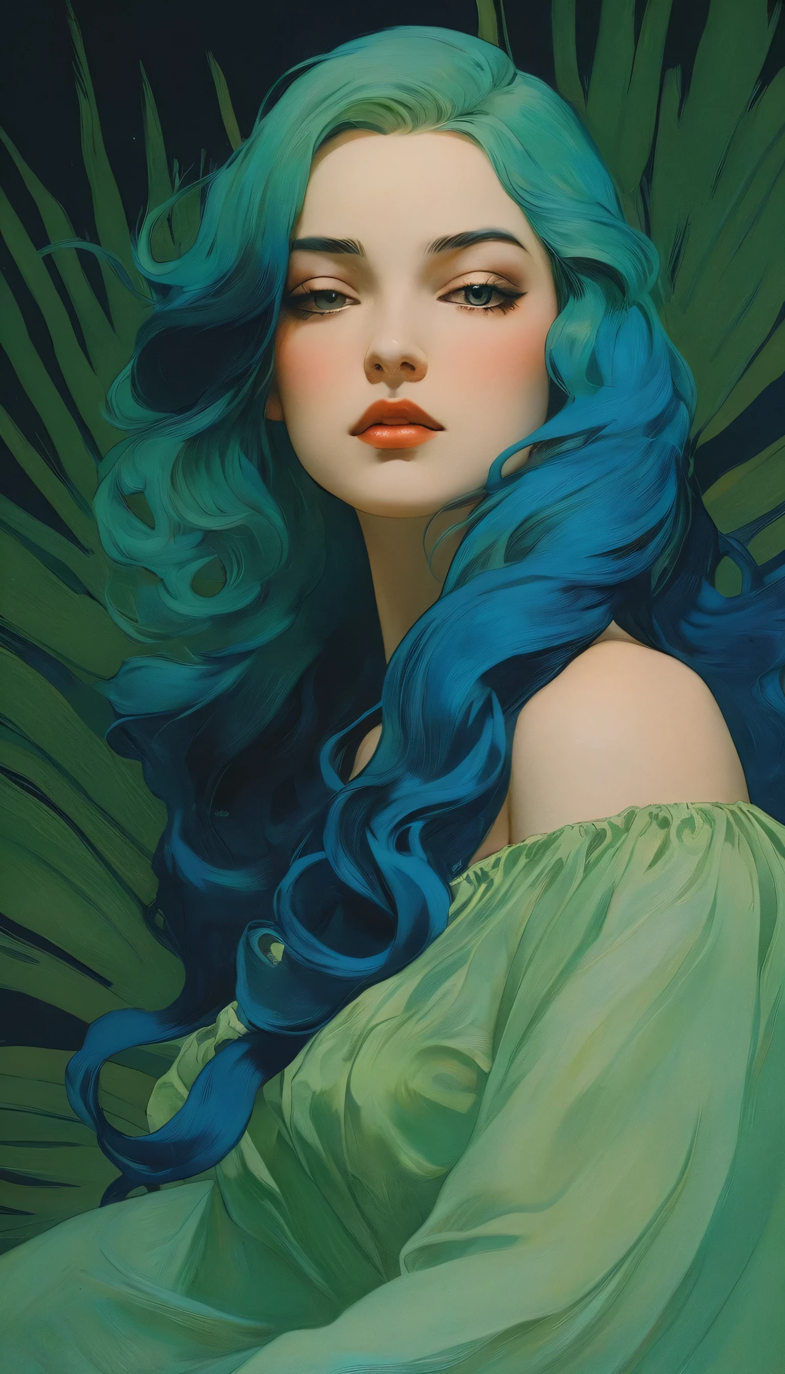 Sensual illustration of a graceful princess using chiaroscuro (((Green hair without bangs:1.4、Beautiful Eyes) , Vintage ,Silk dress, Matte Paint, John Singer Sargent, by Katsuya Terada、 Very soft color, Dark Vivid, Dark Blue Pastel, Very detailed, Digital Art, High Contrast, dramatic, Sophisticated, tone, Intimate, Sensuality and romance、Masterpiece、Minimalist、Pop surrealism、pop art、drawing