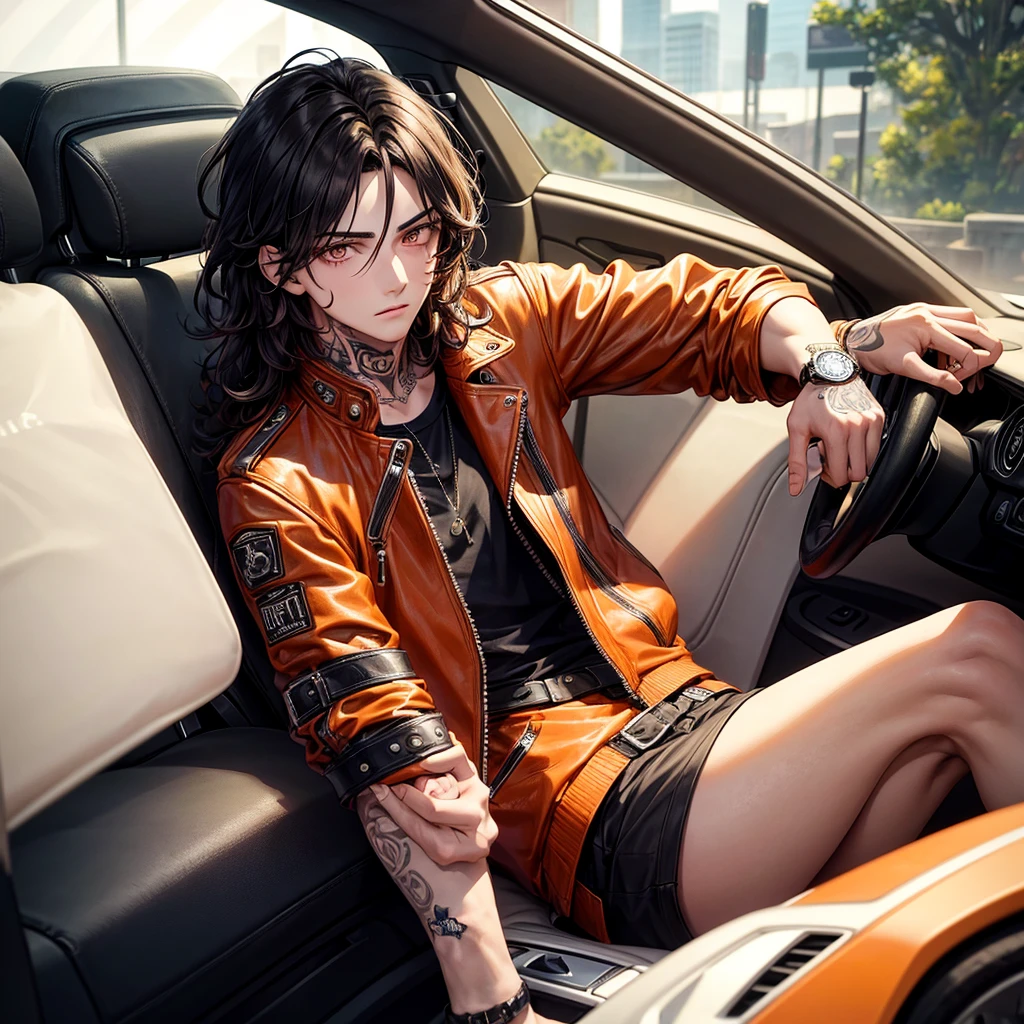 Boy with shoulder-length wavy hair, pale orange eyes, tall black eyes with a dominant look, sitting in his car with a leather jacket, a watch in his hand, and tattoos on his arms.