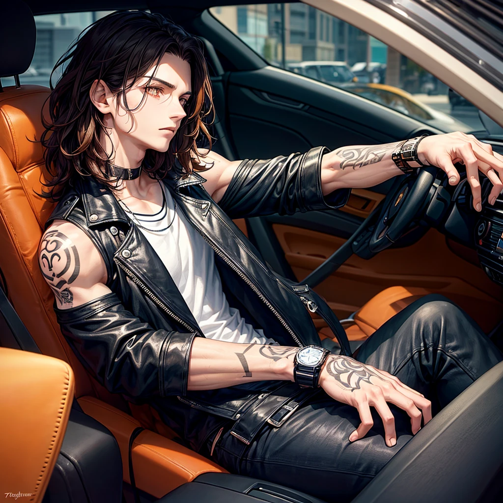 Boy with shoulder-length wavy hair, pale orange eyes, tall black eyes with a dominant look, sitting in his car with a leather jacket, a watch in his hand, and tattoos on his arms.