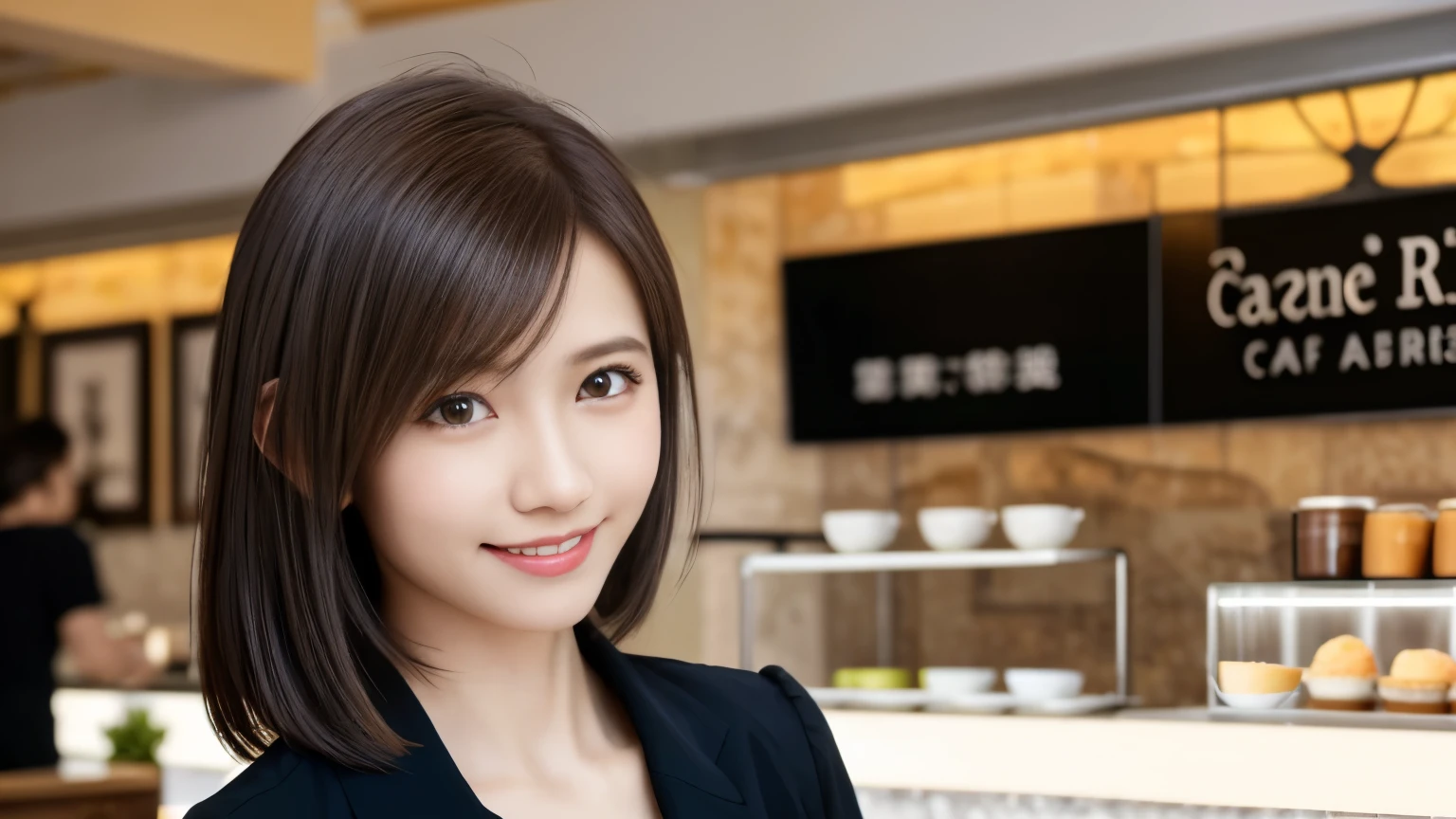 super high quality, Slenderのネックレス, Slender, The staff is working at the counter in the back., (8k、RAW Photos、Highest quality、masterpiece:1.2), Japanese Idol, Stylish café, Fashion magazine photoshoot, (Realistic、Photorealistic:1.37), Urban Cafe, Golden Ratio, Raw photo, Cute face , Light Brown Hair, Small breasts, Bright cafe interior, Blurred Background, Summer clothes, Cafe Terrace, Open Cafe, Photographed inside the cafe, A kind smile, Hair blowing in the wind, Neat clothes, boyish, Very Short Hair, 18-year-old, younger sister, Stylish clothes,
