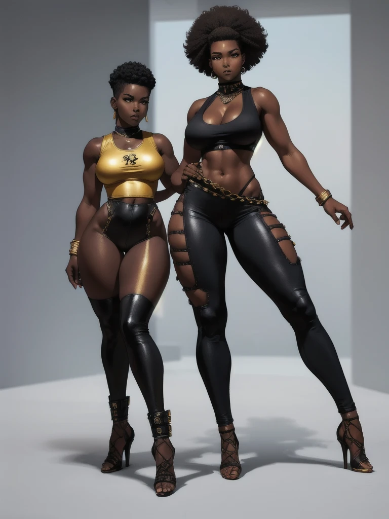 ((best quality)), ((4k)), ((highres)), ((masterpiece:1.2)). ((detailed)), ((ultra realistic)), ((intricate details)), ((full body picture)), ((solo character)), a full body picture of a beautifull Ebony skinned female, black woman, dark skin, perfect face, detailed eyes, detailed lips, about 25 years old, about 5'5 ft. tall, punk black woman, punk style, side shaved hair ((emphasis on her side shaved hair)), afro-punk hair style, ((emphasis on her afro-punk hair style)), muscular body, hourglass body type, thick and muscular, dressed in a golden top ((emphasis on her gold tank top)), and black leather pants, high heels, fighting game character concept art, tekken character design, the king of fighters character concept, full bofy, full body concept art, full body art