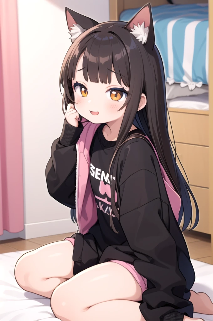 1 brunette girl, black, brunette skin, Kitten ears, long hair, black with fringe, pink clothes, room gamer