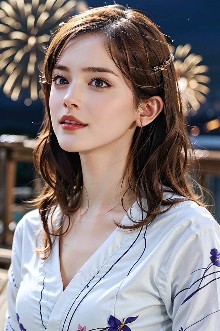 (Preserve face images), pale face:1.3、Super thin face:1.3, (very big eyes:1.5)、 (blown eyes:1.5), master piece、8k, {highest quality}, {{masterpiece}}, {very delicate and beautiful}, (((Mid-range shooting))), outstanding light and shadow, highly detailed wallpaper, clear and bright sunlight, (((Full body))), 1 girl, blush、(Light brown colour hair), ((Face illuminated by fireworks)), (((A classic yukata pattern with blue-purple irises and black vertical stripes on an off-white background ))), colour々A pose:1.5, necklace、ring、earrings,(Toothless smile:1,5), ((Mid-range shooting))、(((Looking up at fireworks in the sky)))、Seaside fireworks display