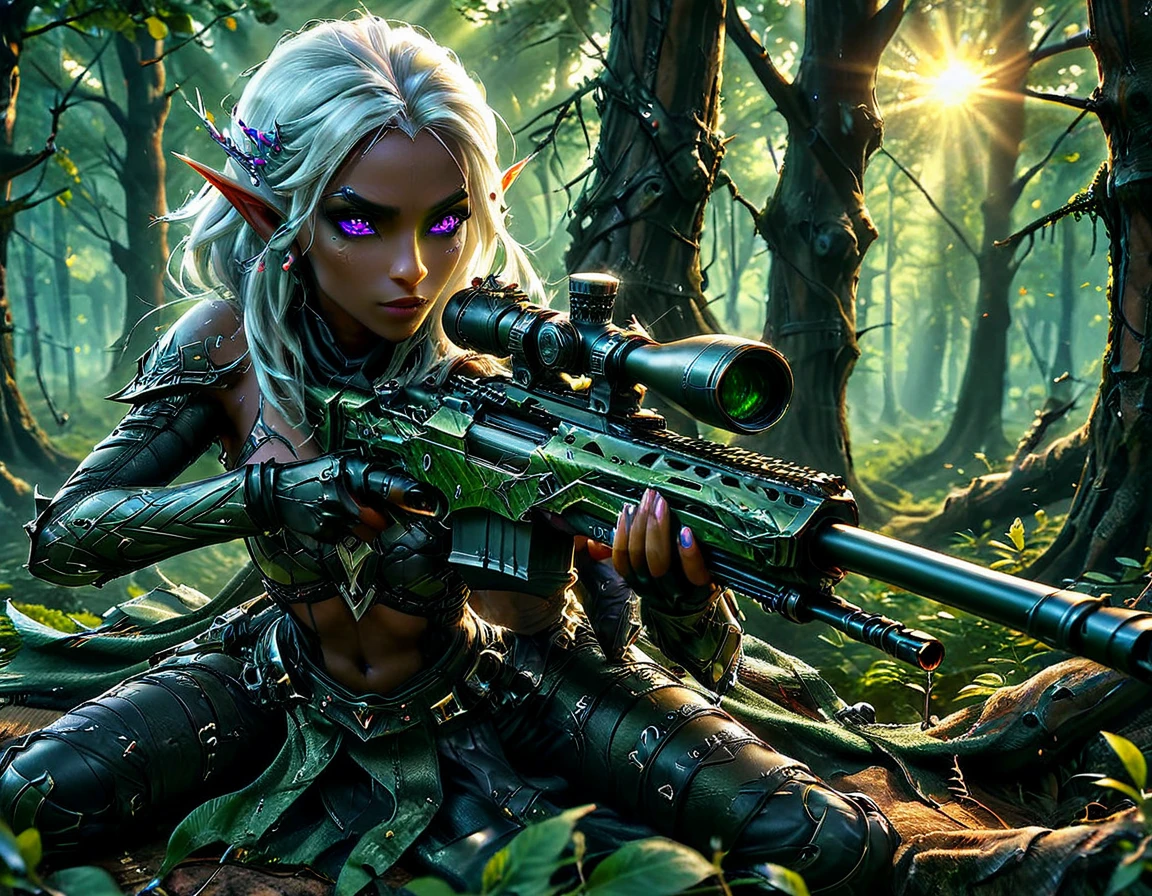 a portrait picture of a 1single female drow elf sniper, lying on a tree branch aiming a sniper rifle, an exotic beautiful elf sniper, white hair, braided hair, (black skin: 1.3),  intense purple eyes, ultra detailed face, small pointed ears, forest green camouflage cloths, on top of a epic fantasy tree, aiming a Barret M82, fantasy fores background, its sunset, sun rays, some clouds,  (full body shot: 1.1), ((anatomically correct: 1.4)) vibrant, Ultra-high resolution, High Contrast, (masterpiece:1.5), highest quality, Best aesthetics), best details, best quality, highres, ultra wide angle, 16k, [ultra detailed], masterpiece, best quality, (extremely detailed) Sniper Rifle, Intense gaze
