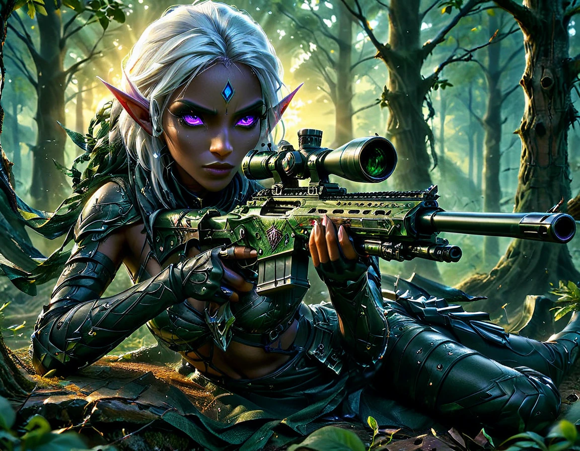 a portrait picture of a 1single female drow elf sniper, lying on a tree branch aiming a sniper rifle, an exotic beautiful elf sniper, white hair, braided hair, (black skin: 1.3),  intense purple eyes, ultra detailed face, small pointed ears, forest green camouflage cloths, on top of a epic fantasy tree, aiming a Barret M82, fantasy fores background, its sunset, sun rays, some clouds,  (full body shot: 1.1), ((anatomically correct: 1.4)) vibrant, Ultra-high resolution, High Contrast, (masterpiece:1.5), highest quality, Best aesthetics), best details, best quality, highres, ultra wide angle, 16k, [ultra detailed], masterpiece, best quality, (extremely detailed) Sniper Rifle, Intense gaze
