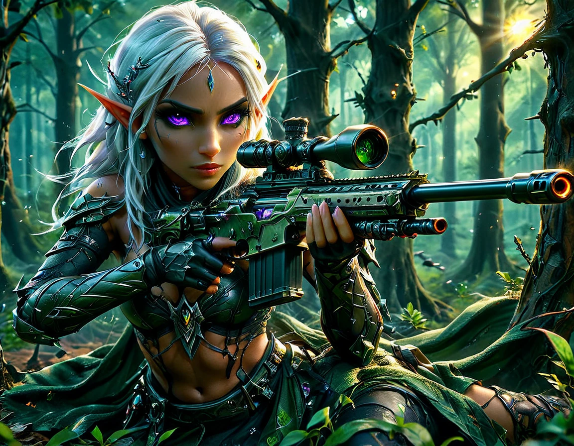 a portrait picture of a 1single female drow elf sniper, lying on a tree branch aiming a sniper rifle, an exotic beautiful elf sniper, white hair, braided hair, (black skin: 1.3),  intense purple eyes, ultra detailed face, small pointed ears, forest green camouflage cloths, on top of a epic fantasy tree, aiming a Barret M82, fantasy fores background, its sunset, sun rays, some clouds,  (full body shot: 1.1), ((anatomically correct: 1.4)) vibrant, Ultra-high resolution, High Contrast, (masterpiece:1.5), highest quality, Best aesthetics), best details, best quality, highres, ultra wide angle, 16k, [ultra detailed], masterpiece, best quality, (extremely detailed) Sniper Rifle, Intense gaze
