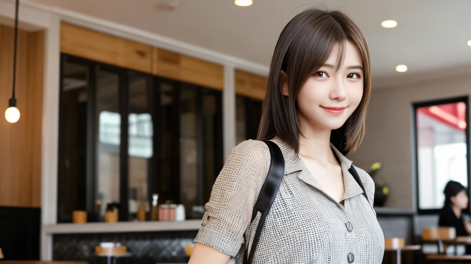 super high quality, Slenderのネックレス, Slender, The staff is working at the counter in the back., (8k、RAW Photos、Highest quality、masterpiece:1.2), Japanese Idol, Stylish café, Fashion magazine photoshoot, (Realistic、Photorealistic:1.37), Urban Cafe, Golden Ratio, Raw photo, Cute face , Light Brown Hair, Small breasts, Bright cafe interior, Blurred Background, Summer clothes, Cafe Terrace, Open Cafe, Photographed inside the cafe, A kind smile, Hair blowing in the wind, Neat clothes, boyish, Very Short Hair, 18-year-old, younger sister, Stylish clothes, 
