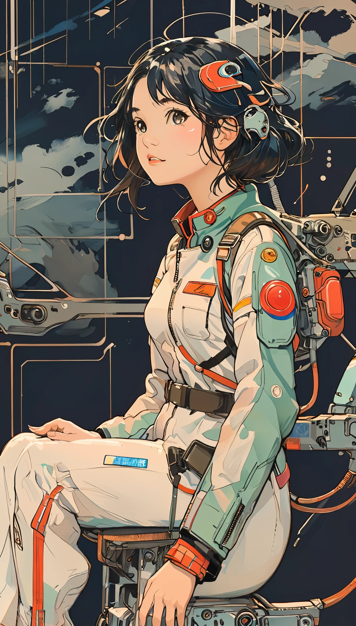 sketch、The Style of Kawanabe Kyosai、Girl、cockpit、Pilot Suit