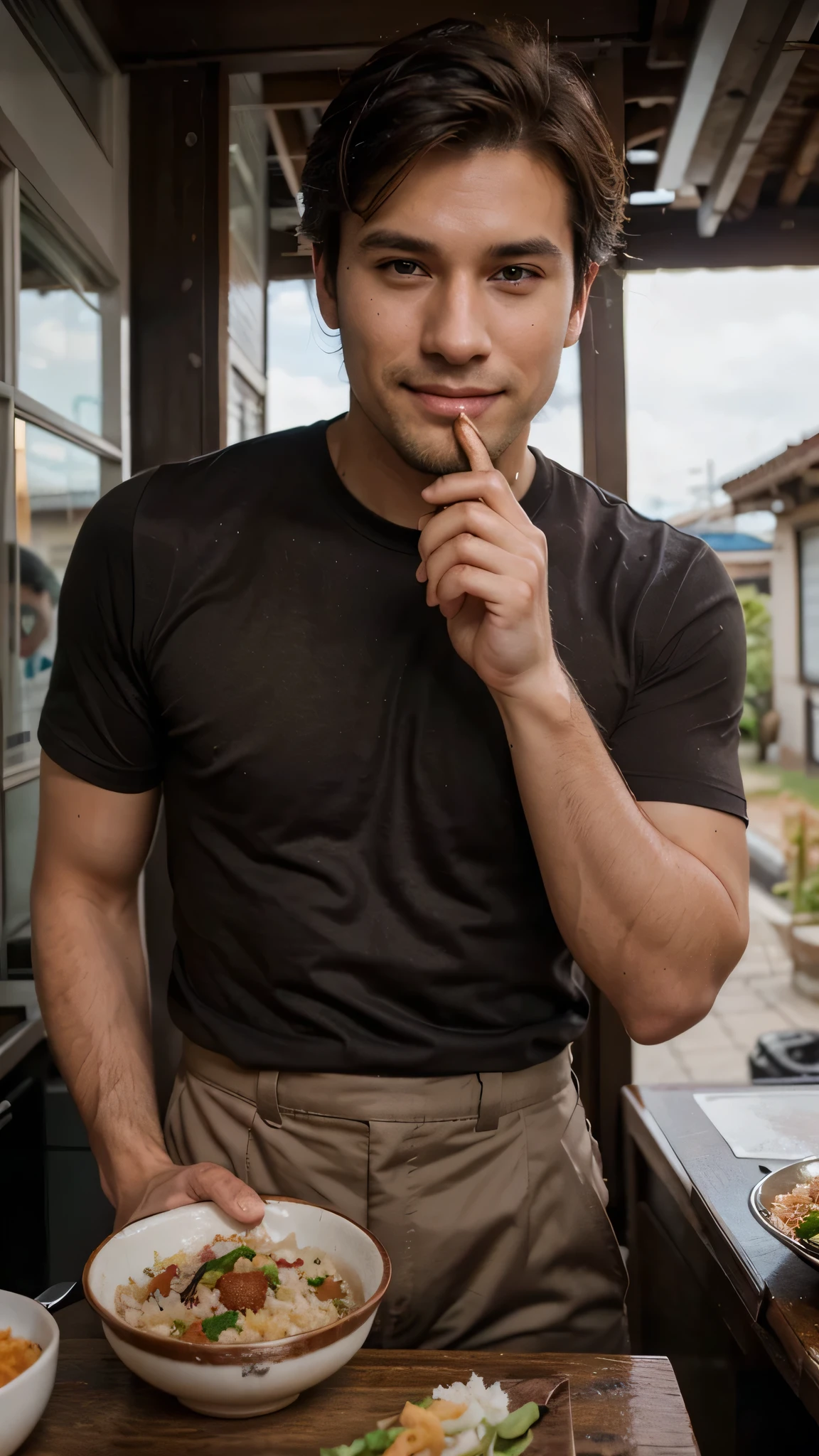 Very handsome man, 29yo, dark brown hair, Wear, Consultation, eating rice and chicken, long distance shot, Wearing, smirk, realphoto