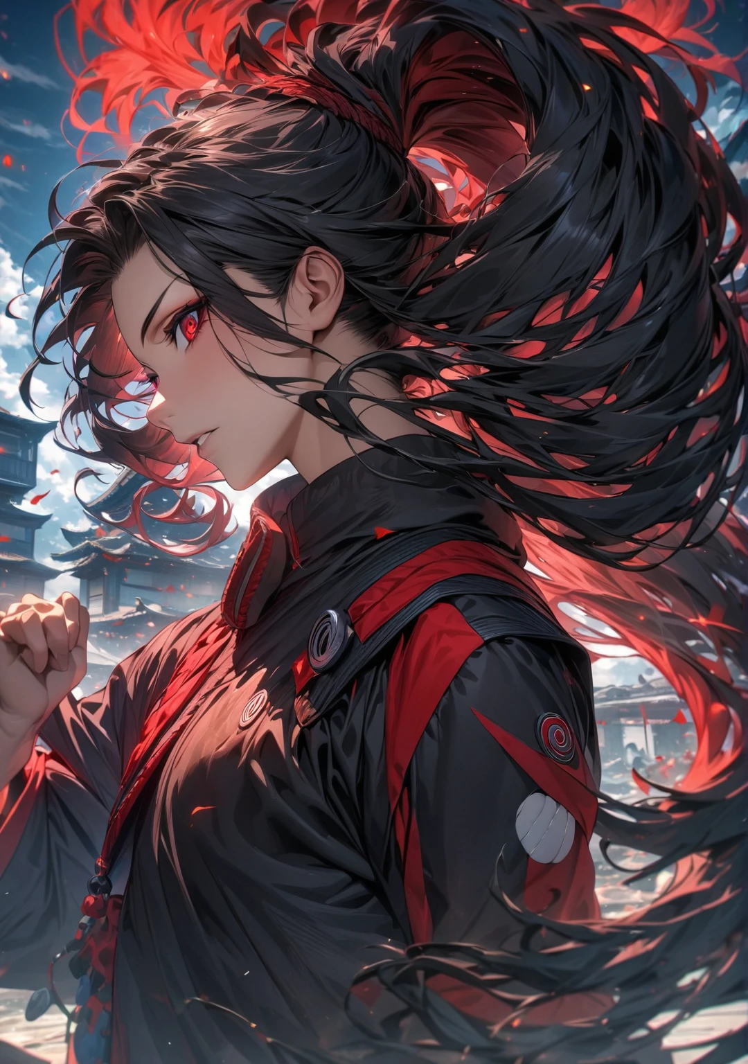 (absurdres, highres, ultra detailed, HDR), master piece, best quality, very curly hair and a long ponytail behind his head, blue-ish black hair, vibrant red eyes, Naruto Shippuden