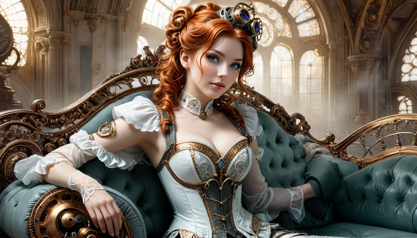 photo, 8k ((surréaliste)) statue d'une sublime femme rousse Steampunk en marbre blanc alangui sur un sofa complexe, plan large, corps entier jusqu'aux hanches, taille fine, souriante et radieuse, bustier étroit incrusté de fines dentelles techniques complexe fractal, bustier effet push-up, complexe, élégante et sensuelle, yeux sublime et intenses, yeux très détaillés, très détaillé, majestueuse, digital photography, art by artgerm and ruan jia and greg rutkowski surréaliste painting gold and silver filigree, (cheveux très long), verre brisé, (chef-d'oeuvre artistique, Éclairage latéral, HDR, Réaliste, HD), sublime grosse poitrine push-up,