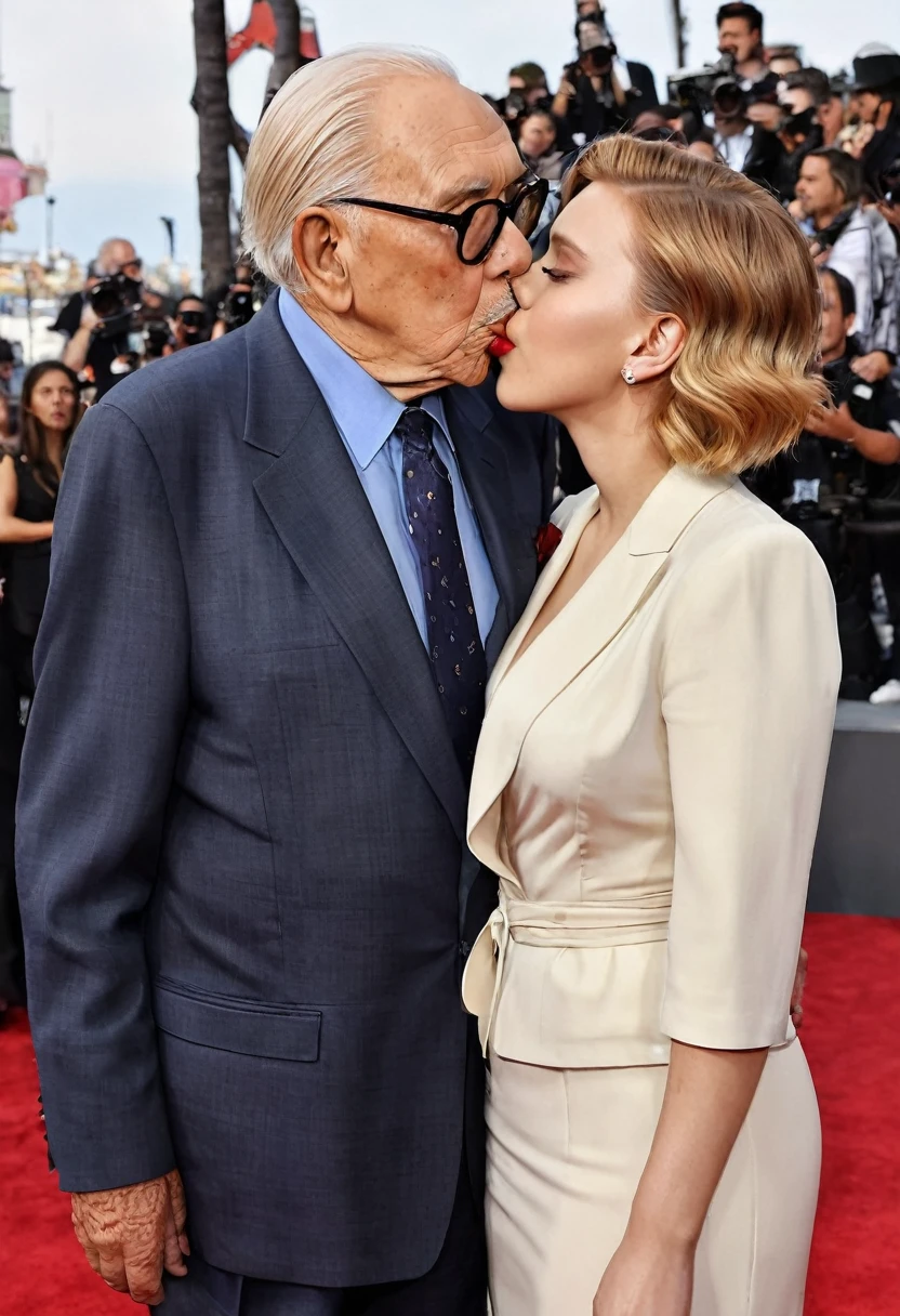 90-year-old grandfather is standing next to movie star scarlett johansson.  He kissing her.
