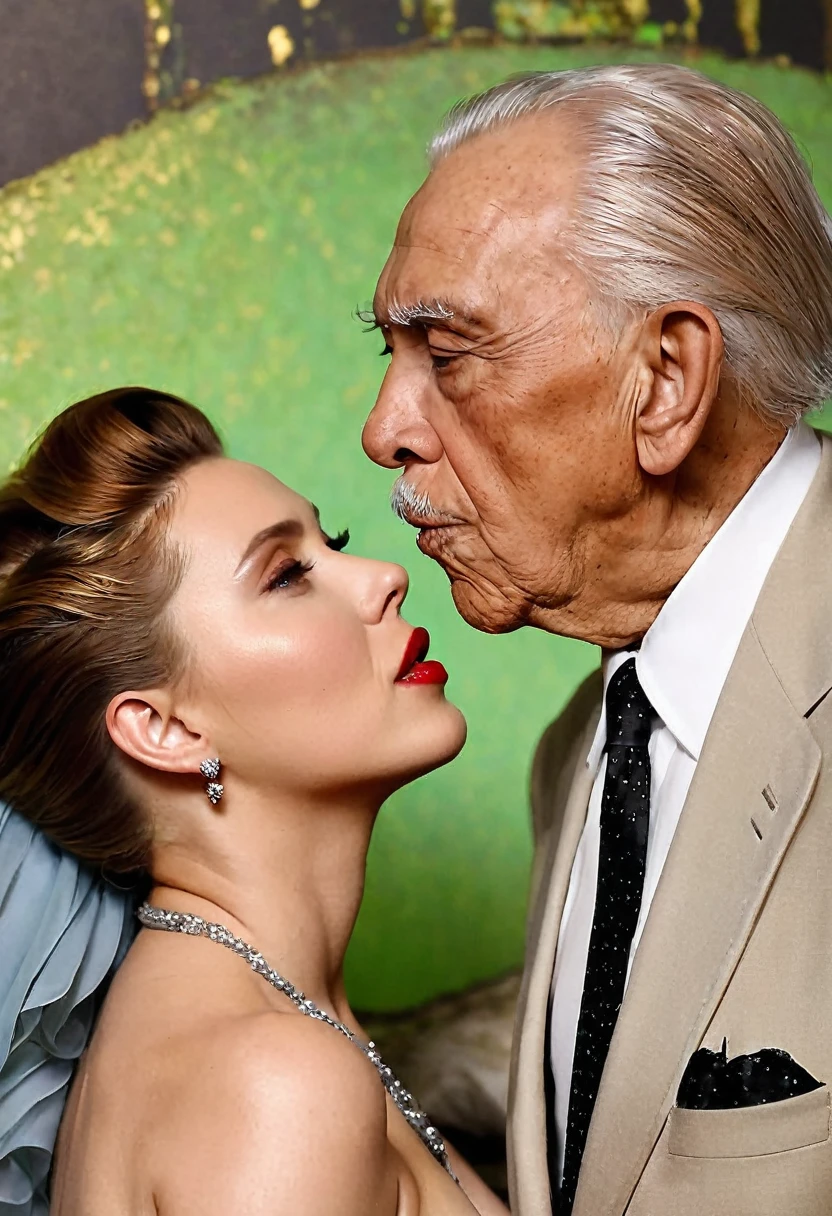 Create the image of a woman with short dark hair, accompanied by a mature 60-year-old man surrounded by yellow roses, red with a surreal style 