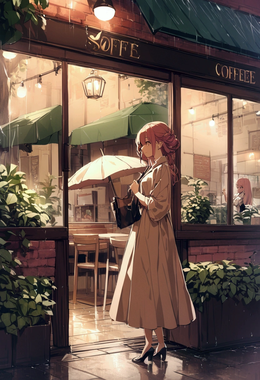 high resolution、Unrelenting Rain、One girl、I'm in a coffee shop、Looking Outside、coffee、Heavy rain outside and passersby with umbrellas、Time flows slowly、Bored look、Beautiful Hair、Beautiful appearance