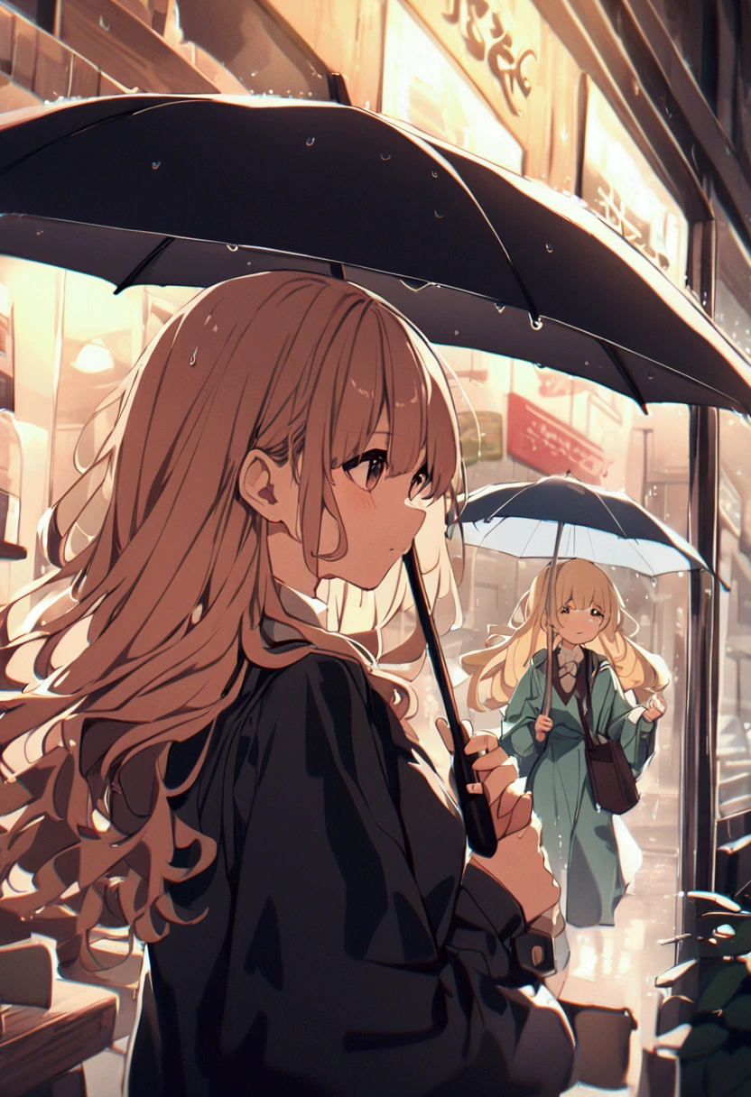 high resolution、Unrelenting Rain、One girl、I'm in a coffee shop、Looking Outside、coffee、Heavy rain outside and passersby with umbrellas、Time flows slowly、Bored look、Beautiful Hair、Beautiful appearance