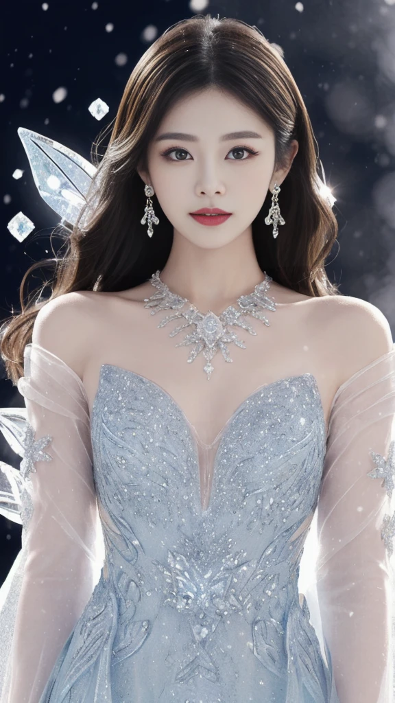 A goddess、Large Breasts、Stand gracefully、(The most luxurious ice palace background:1.4)、(Mysterious fairy tale light blue fog:1.15)、The background is a well-designed ice palace、Beautiful ice ceiling、(Palace interior background made of intricate, sparkling transparent ice)、Most complex、The most luxurious decoration、(Lots of jewelry:1.1)、最もComplex and detailed backgrounds、(Snowing:1.1)、fine sparkling snow、(Tyndall effect:1.1)、Subtle sparkling snow、Spectacular lighting、Perfect makeup、Long eyelashes、Beautiful eye shadow、(Accurate anatomy:1.1)、Natural forehead、Complex and detailed backgrounds、The subtlest glimmer、Deep background、Low contrast、Surrounded by soft lighting、(Body facing forward:1.1)