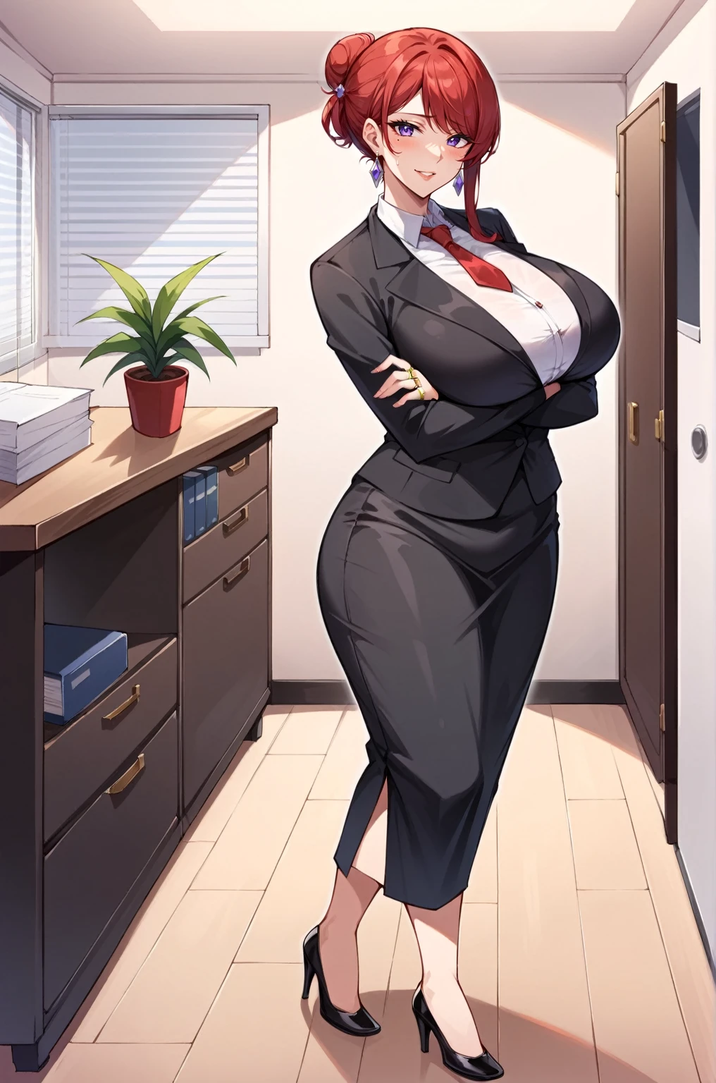 score_9, score_8_up, score_7_up, score_6_up, score_5_up, score_4_up, source_anime, BREAK, lady, mature woman, hung outfit, jewelry, solo, mole under eye, mole, hair bun, single hair bun, red necktie, ring, earrings, crossed arms, shirt, sweatdrop, jacket, collared shirt, formal, long skirt, thighs splits, hair ornament, bangs, swept bangs, red hair, purple eyes, black jacket, expressive, dynamic, thick full parted lips, pouted lips, (((NSFW))), seductive, alluring, sexy, embarrassed smile, ((huge breasts)), wide hips, thick thighs, huge ass, ((long futanari erection)), detailed eyes, detailed background, masterpiece, full body, ((office room)),  