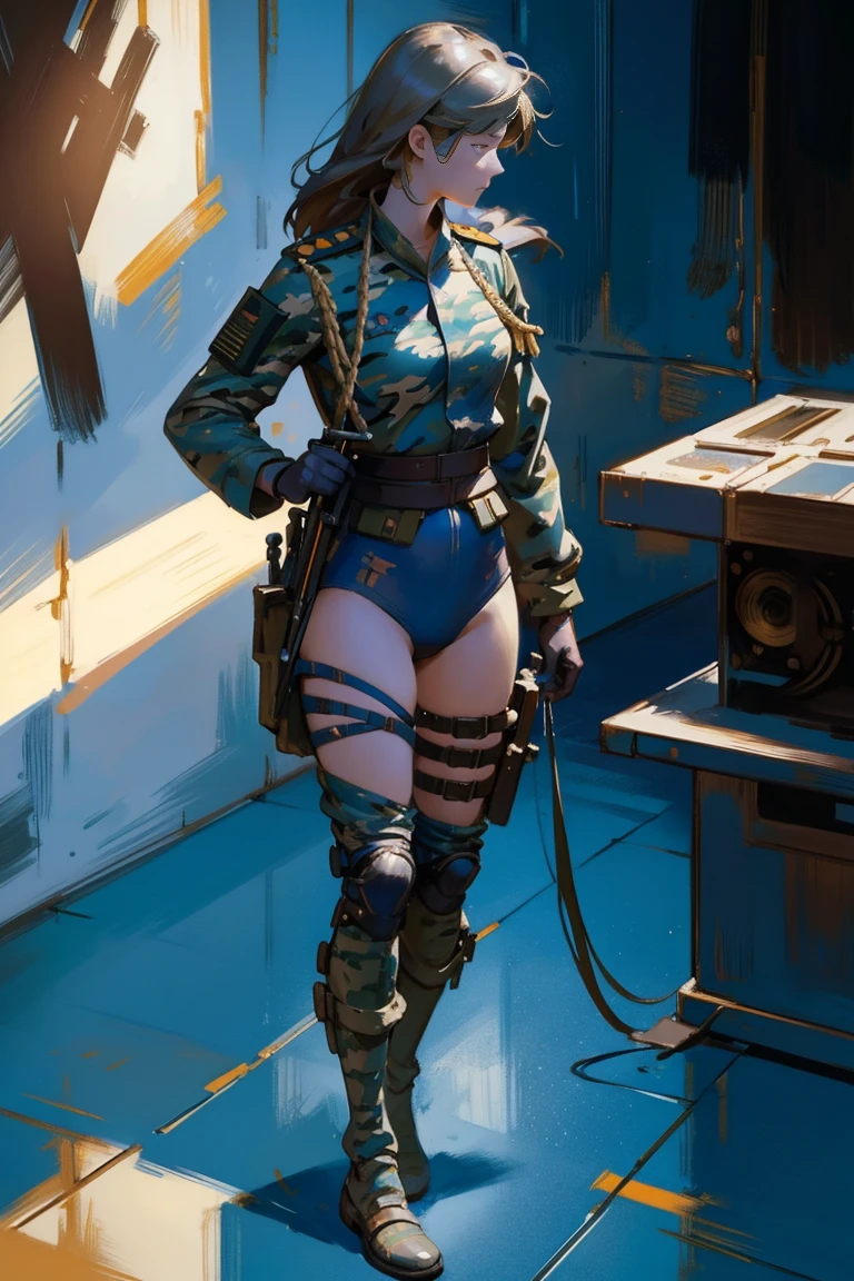 detailed full body portrait，(A girl with a determined look), (flying soldier)、(mandy jurgens) A realistic painting was created, transformation, Figurative art, Detailed Description, Realistically, Artwork, Contour，  Colorful Noise, Visual clutter,Modern aesthetics、Japanese Style、Military airport、uniform、Reciprocating Machine、Up and down camouflage clothing、In 1945