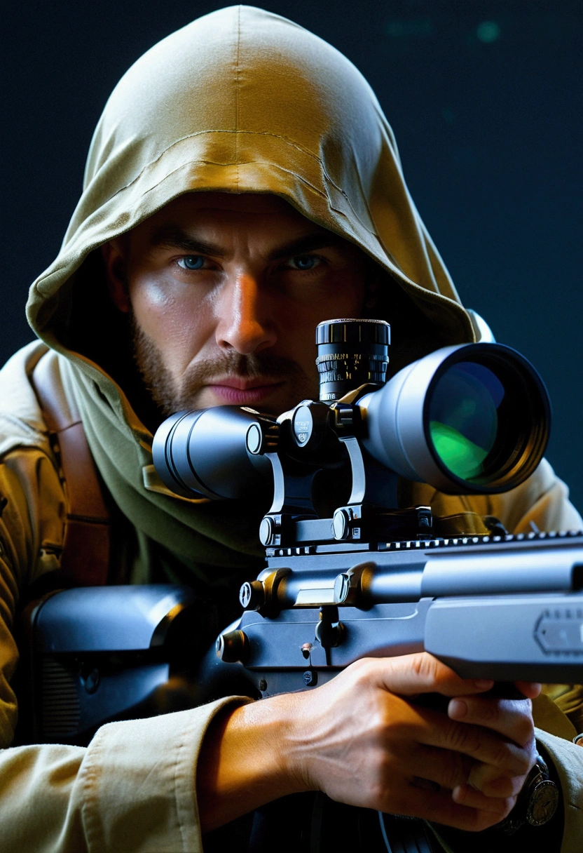 (Sniper), Under the cover of night, the sniper's figure merged with the darkness, his night vision device emitted a faint light, emphasizing the sniper's focused expression, full body, award-winning, cinematic still, emotional, vignette, dynamic, vivid, (masterpiece, best quality, Professional, perfect composition, very aesthetic, absurdres, ultra-detailed, intricate details:1.3)