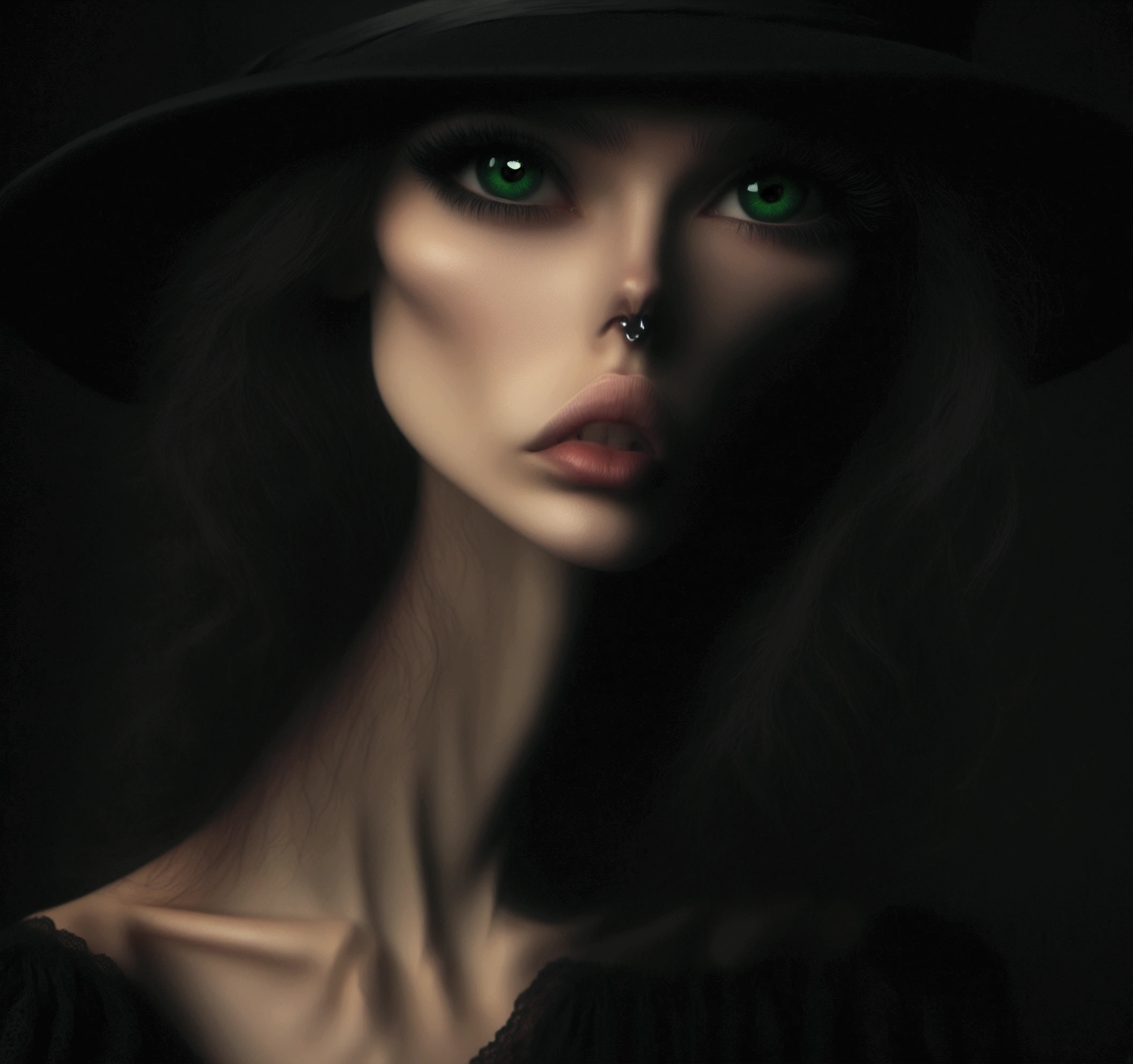 arafed woman with a black hat and green eyes, mysterious portrait of a woman, inspired by Kati Horna, mysterious eerie portrait, mysterious portrait, eerie self - portrait, with haunted eyes and dark hair, blurry face, dark portrait, mysterious woman, obscured underexposed view, unsettling photo, blurry photo, grainy photo of an ugly woman