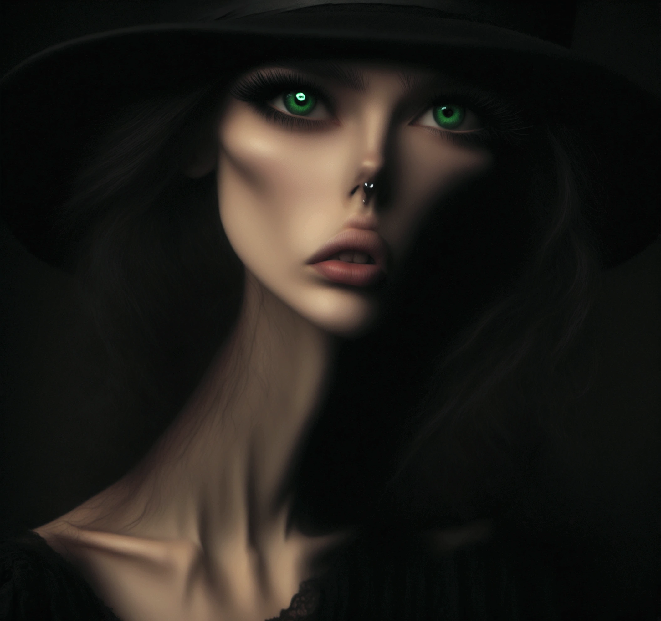 arafed woman with a black hat and green eyes, mysterious portrait of a woman, inspired by Kati Horna, mysterious eerie portrait, mysterious portrait, eerie self - portrait, with haunted eyes and dark hair, blurry face, dark portrait, mysterious woman, obscured underexposed view, unsettling photo, blurry photo, grainy photo of an ugly woman