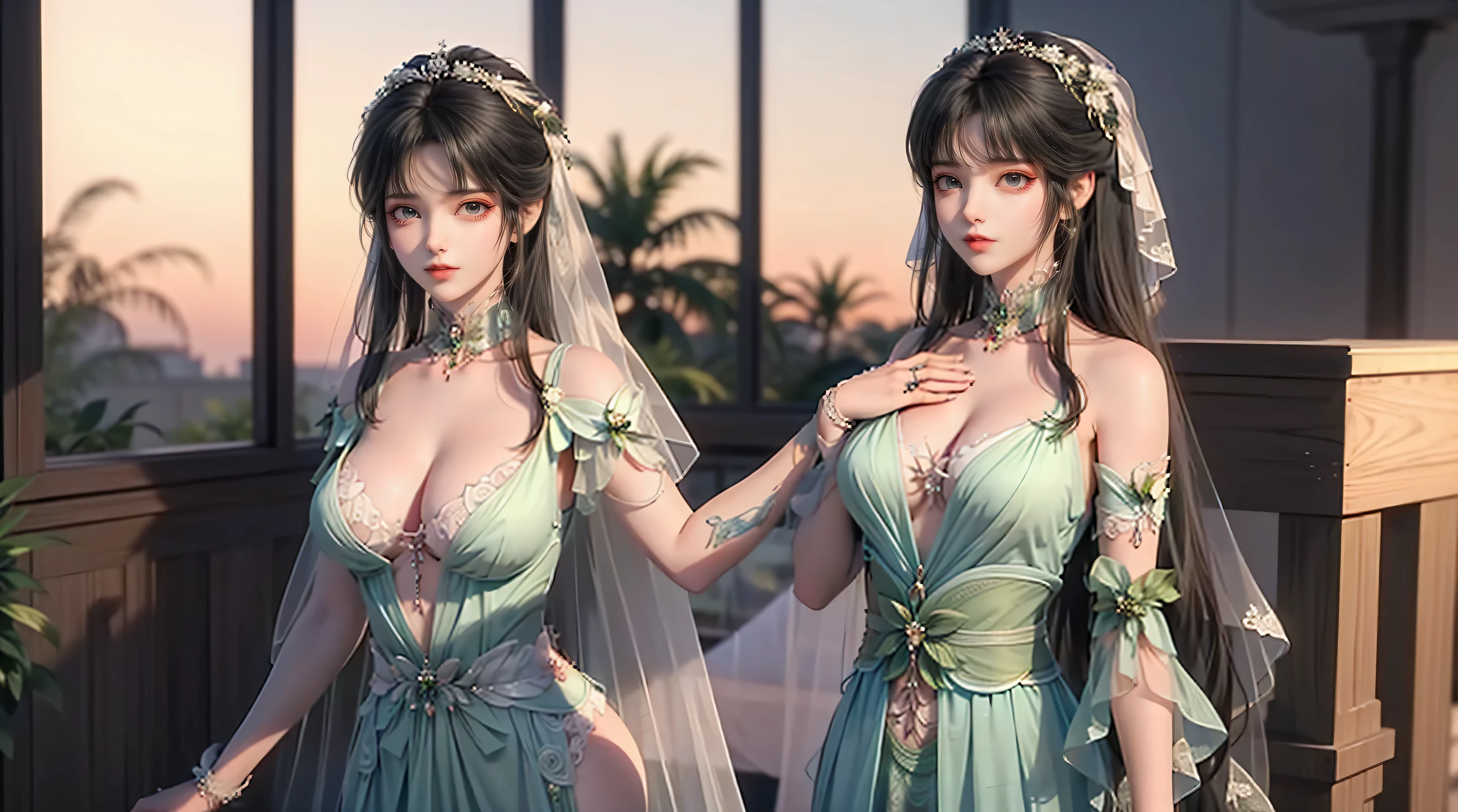 masterpiece,high quality,Beautiful wallpapers,16K,cartoon,illustration,Front view,Overlooking camera,Perfect body,cleveage,Delicate face,Exquisite features,1 girl,Sexy,(wedding:1.5),(A lot of people:1.5)(Green robe),Free slings,(Green lace lingerie: One real green) 1.5),veil,