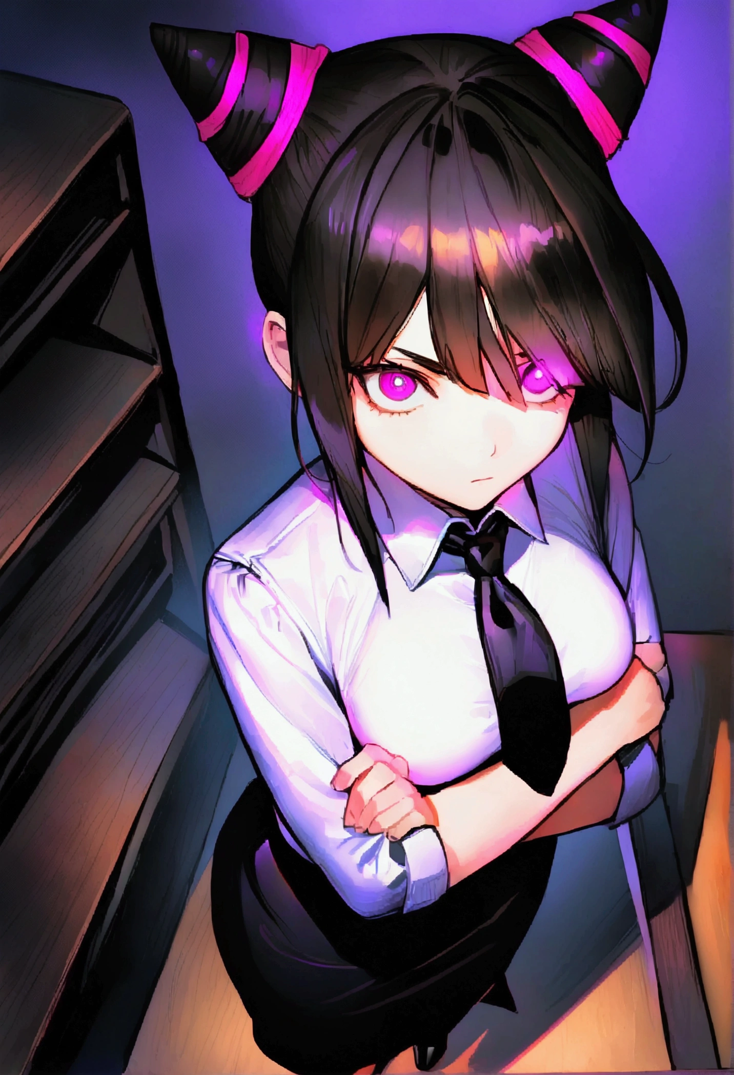 Juri Han, artwork, fitted white secretary shirt with black tie, Black Skirt , skirt short,sock, Bblack hair, scary black sun,desk,bangs on the eyes,Lighting,hair horn,from above view,staring overhead,series,brava,black highheels,glowing purple eyes,arms crossed
