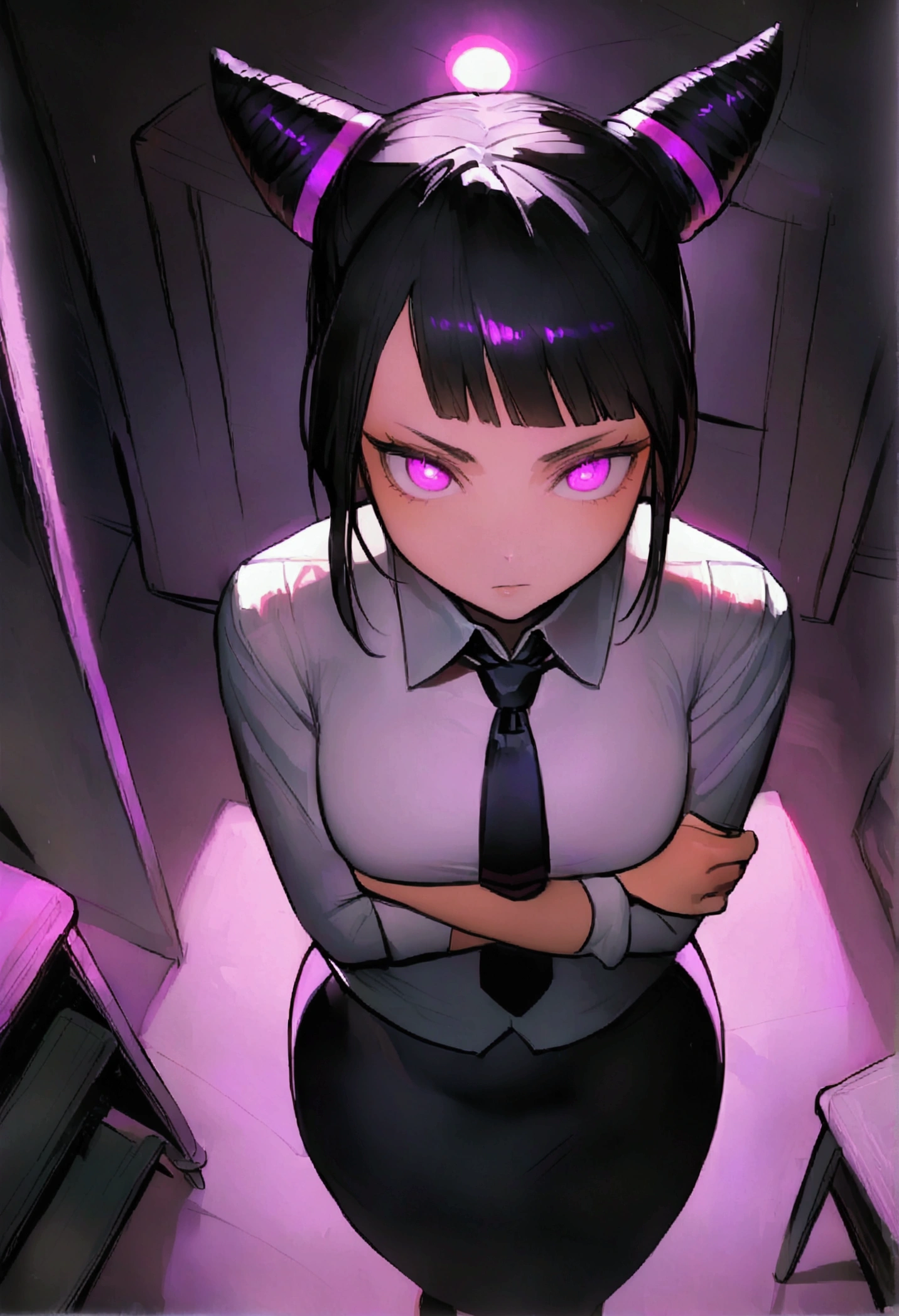 juri han, work of art, tight white secretary shirt with black tie, black high waist skirt, short skirt,stocking, black hair, black tightscary sun,office,bangs on the eyes,Lighting,horn of hair,view from above,staring overhead,evil smile,sitting,cross legs,glowing purple eyes