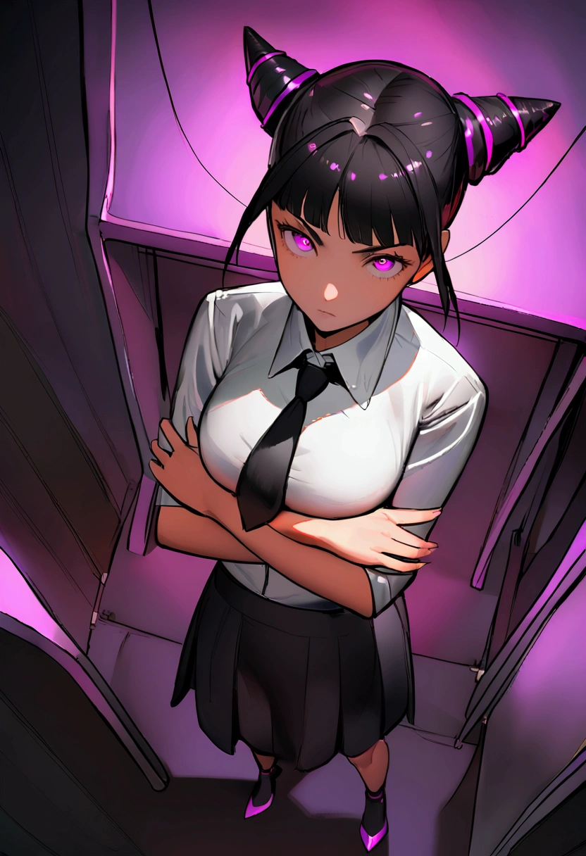 Juri Han, artwork, fitted white secretary shirt with black tie, Black Skirt , skirt short,sock, Bblack hair, scary black sun,desk,bangs on the eyes,Lighting,hair horn,from above view,staring overhead,series,brava,black highheels,glowing purple eyes,arms crossed
