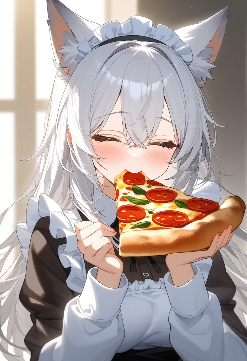 1girl,solo,pizza,holding,food,animal ears,pizza slice,holding food,closed eyes,long hair,long sleeves,upper body,bangs,eating,facing viewer,blush,maid,,white hair,hands up,holding pizza,hood,fox ears,white background,hair between eyes,
highly detailed,best quality,absurdres,detailed,HDR,natural light,