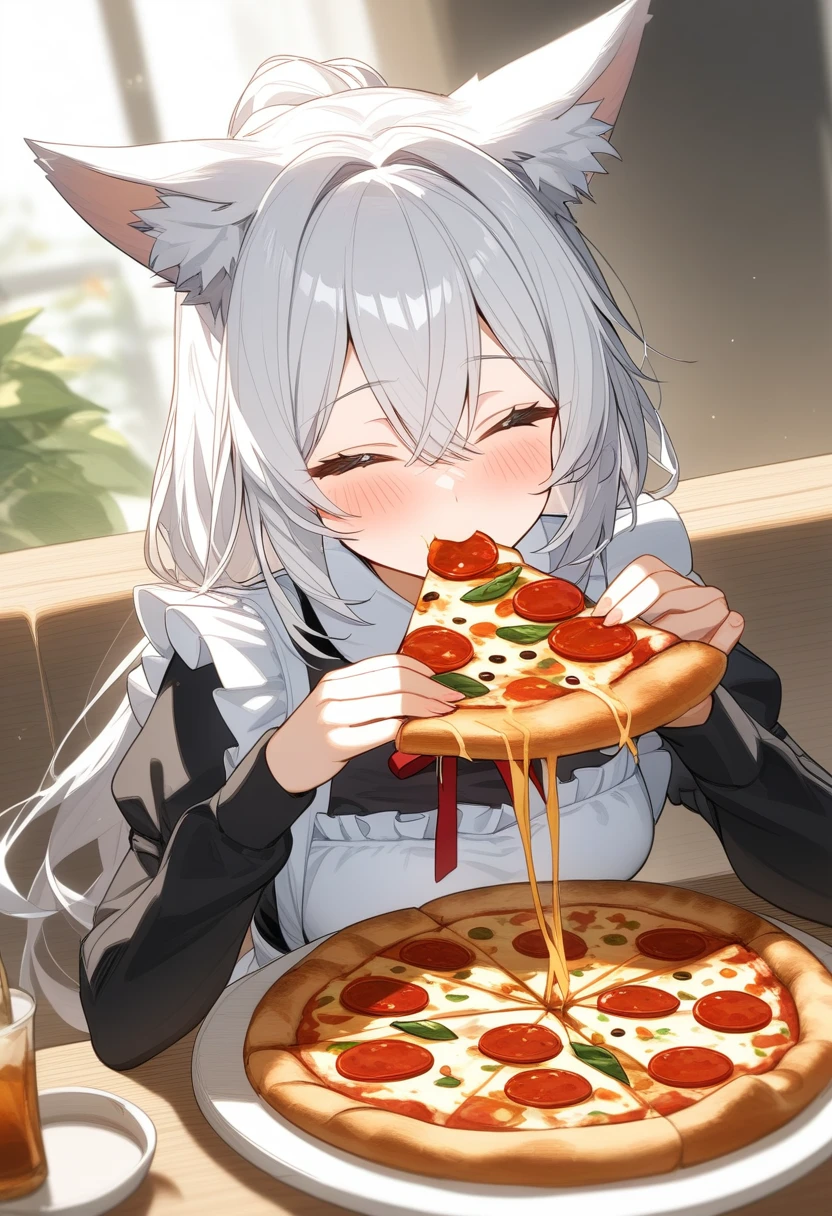 1girl,solo,pizza,holding,food,animal ears,pizza slice,holding food,closed eyes,long hair,long sleeves,upper body,bangs,eating,facing viewer,blush,maid,,white hair,hands up,holding pizza,hood,fox ears,white background,hair between eyes,
highly detailed,best quality,absurdres,detailed,HDR,natural light,