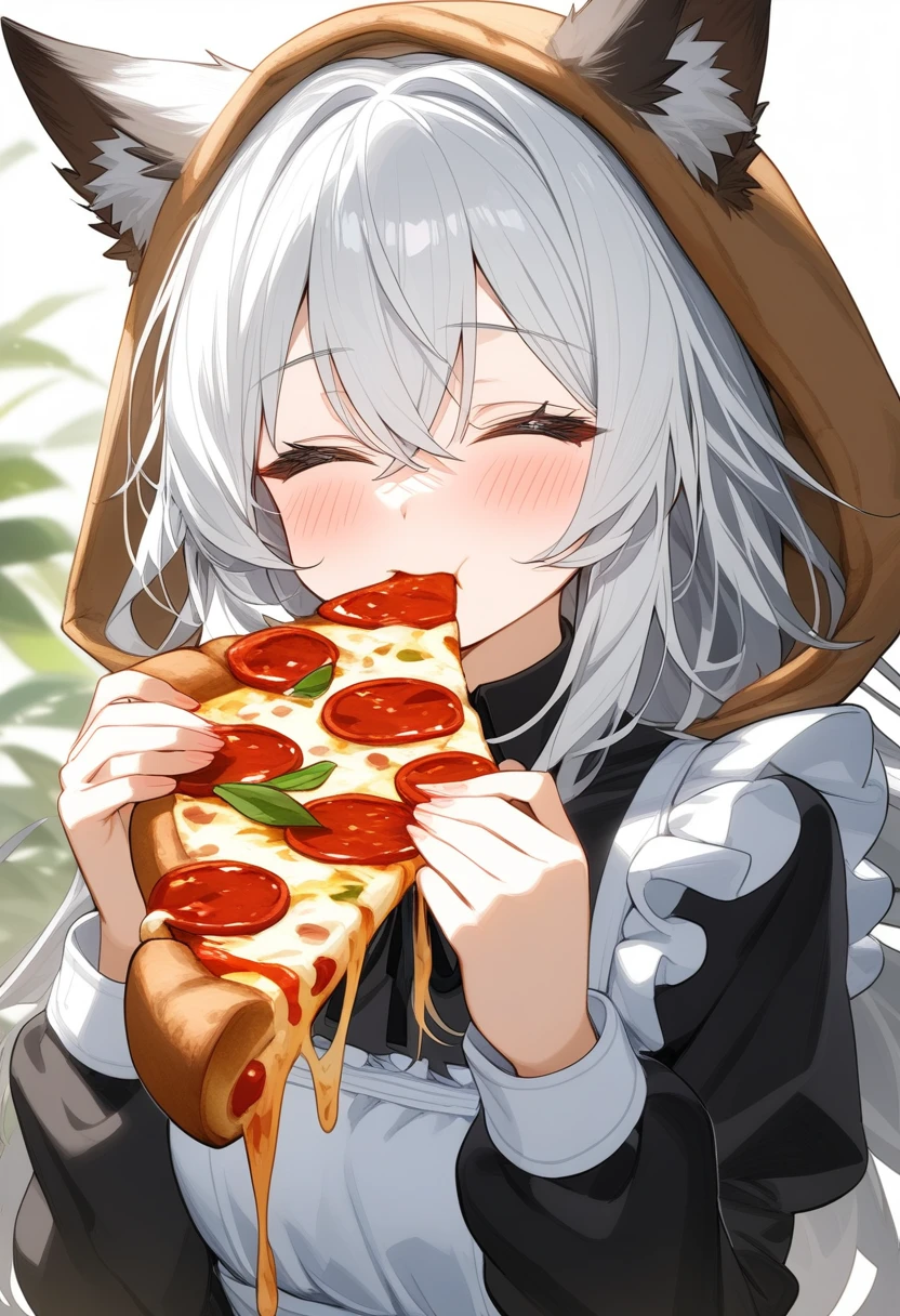 1girl,solo,pizza,holding,food,animal ears,pizza slice,holding food,closed eyes,long hair,long sleeves,upper body,bangs,eating,facing viewer,blush,maid,,white hair,hands up,holding pizza,hood,fox ears,white background,hair between eyes,
highly detailed,best quality,absurdres,detailed,HDR,natural light,