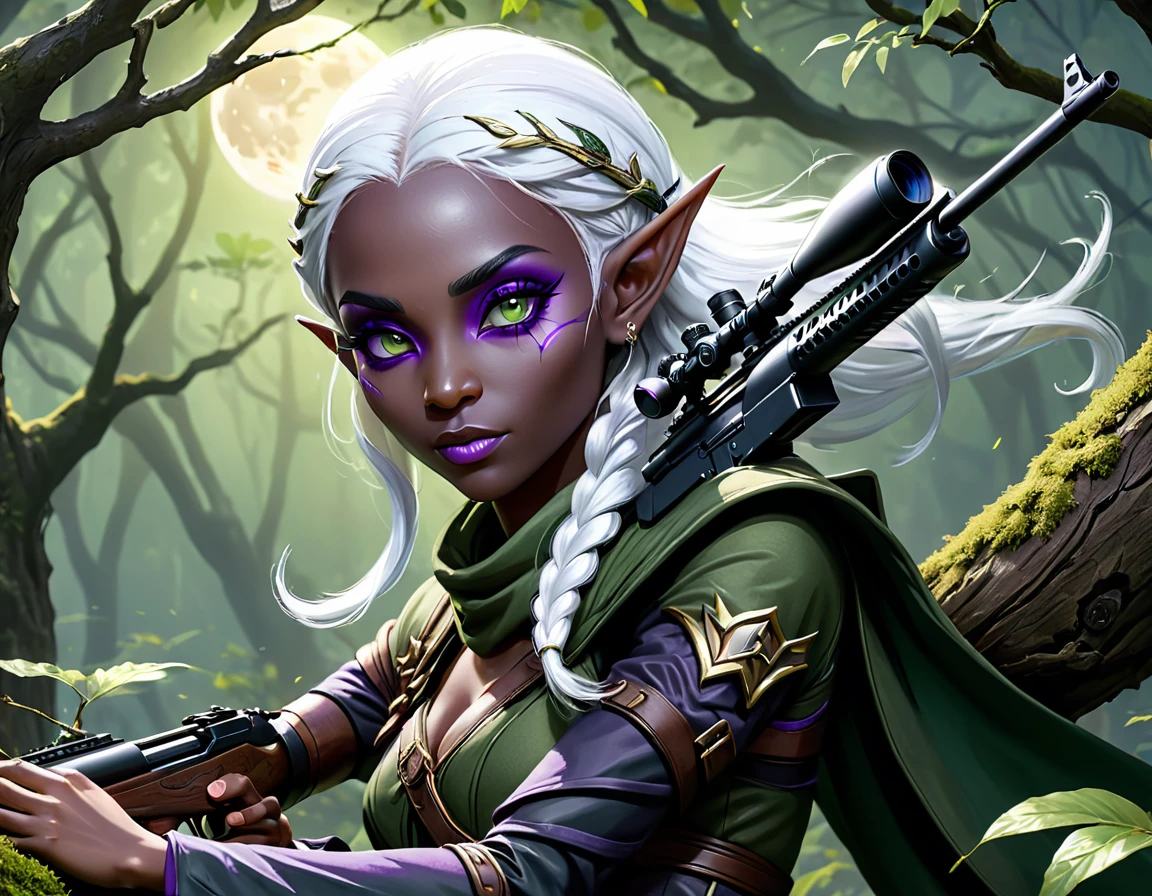 a portrait picture of a 1single female drow elf sniper, lying on a tree branch aiming a sniper rifle, an exotic beautiful elf sniper, white hair, braided hair, (black skin: 1.3),  intense purple eyes, ultra detailed face, small pointed ears, forest green camouflage cloths, on top of a epic fantasy tree, aiming a Barret M82, fantasy fores background, its night time, moon rays, some clouds,  (full body shot: 1.1) , vibrant, Ultra-high resolution, High Contrast, (masterpiece:1.5), highest quality, Best aesthetics), best details, best quality, highres, ultra wide angle, 16k, [ultra detailed], masterpiece, best quality, (extremely detailed) Sniper Rifle, Intense gaze
