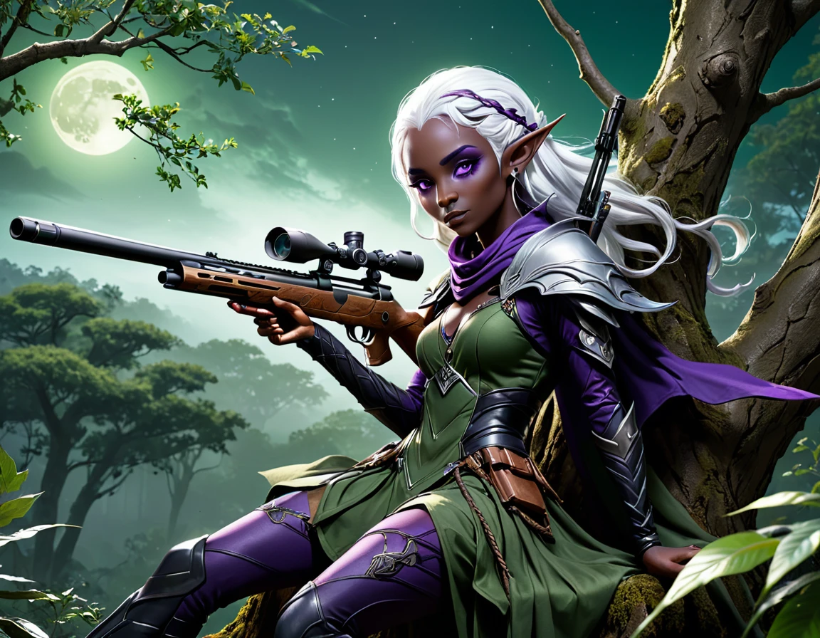 a portrait picture of a 1single female drow elf sniper, lying on a tree branch aiming a sniper rifle, an exotic beautiful elf sniper, white hair, braided hair, (black skin: 1.3),  intense purple eyes, ultra detailed face, small pointed ears, forest green camouflage cloths, on top of a epic fantasy tree, aiming a Barret M82, fantasy fores background, its night time, moon rays, some clouds,  (full body shot: 1.1) , vibrant, Ultra-high resolution, High Contrast, (masterpiece:1.5), highest quality, Best aesthetics), best details, best quality, highres, ultra wide angle, 16k, [ultra detailed], masterpiece, best quality, (extremely detailed) Sniper Rifle, Intense gaze
