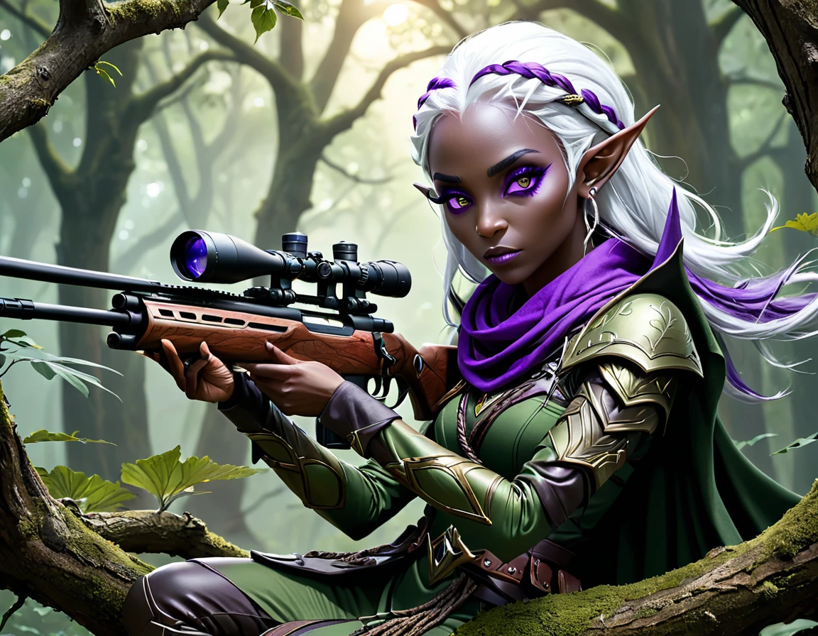 a portrait picture of a 1single female drow elf sniper, lying on a tree branch aiming a sniper rifle, an exotic beautiful elf sniper, white hair, braided hair, (black skin: 1.3),  intense purple eyes, ultra detailed face, small pointed ears, forest green camouflage cloths, on top of a epic fantasy tree, aiming a Barret M82, fantasy fores background, its night time, moon rays, some clouds,  (full body shot: 1.1) , vibrant, Ultra-high resolution, High Contrast, (masterpiece:1.5), highest quality, Best aesthetics), best details, best quality, highres, ultra wide angle, 16k, [ultra detailed], masterpiece, best quality, (extremely detailed) Sniper Rifle, Intense gaze
